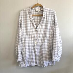 Cynthia Rowley Check Plaid Linen Blazer White Gray Womens Large Coastal Preppy